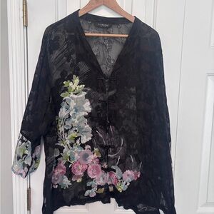 Citron Black Floral Blouse with Pink and Green Accents